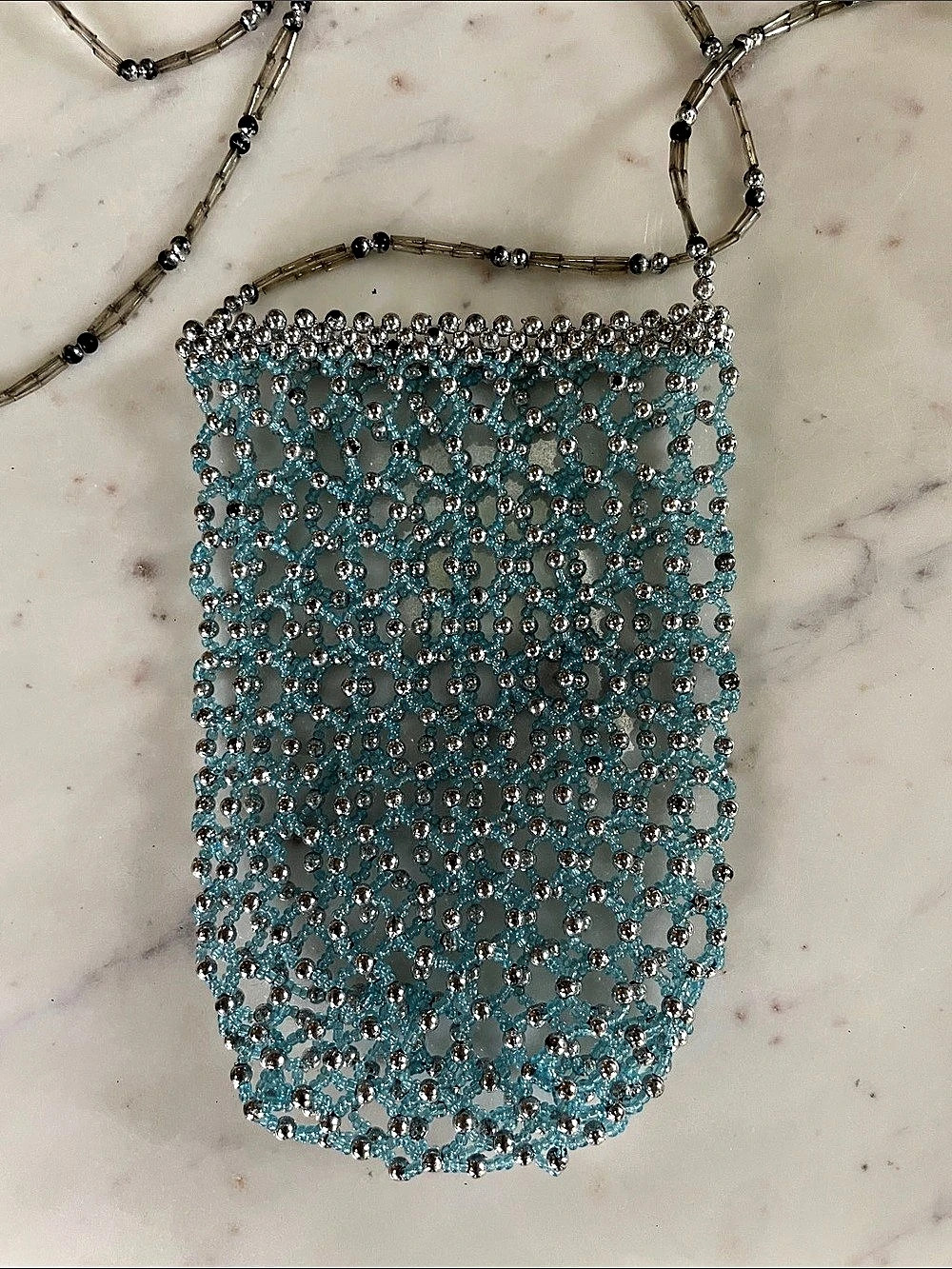 Beaded Crochet Mini Crossbody Phone Holder Bag in Turquoise & Silver New NWOT